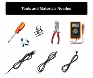 Tools and materials needed to wire a Mean Well LRS power supply including screwdriver wire stripper multimeter power cords and DC cables
