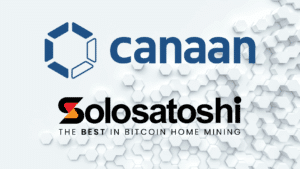 Canaan and SoloSatoshi logos on a white background with a 3D hexagon pattern, plus the tagline “THE BEST IN BITCOIN HOME MINING.”