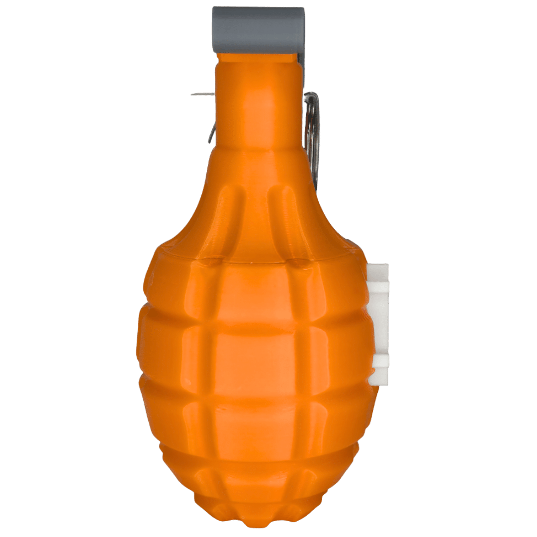 Side profile of Bitcoin orange 3D printed grenade style stash container with pin ring hardware