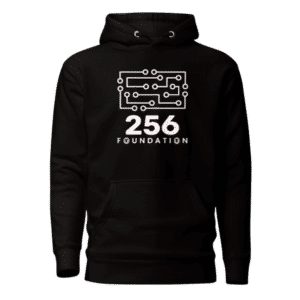 Black pullover hoodie with white 256 Foundation circuit graphic and “256 FOUNDATION” text on the front.