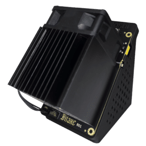 Bitaxe GT (Gamma Turbo) solo Bitcoin miner on an angled stand with a large black heatsink and fan housing.