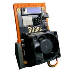 Bitaxe Duo 650 dual-chip mini bitcoin miner with Dark Horse heatsink, OLED display, and 40mm cooling fan on orange Solo Satoshi 3D printed stand