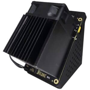 Bitaxe GT 801 Gamma Turbo mini bitcoin miner with large black heatsink, 60mm fan, and XT30 power connector on Solo Satoshi vented stand