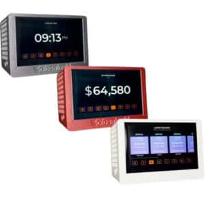 Bitaxe Touch Turbo Edition mini bitcoin miner in black, red, and white enclosures showing 4.3 inch touchscreen with digital clock, live BTC price ticker, and latest blocks display from mempool.space