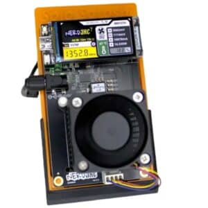 Nerdaxe Gamma mini bitcoin miner with 1.9 inch color IPS display showing live hashrate, temperature, and power stats on orange Solo Satoshi stand