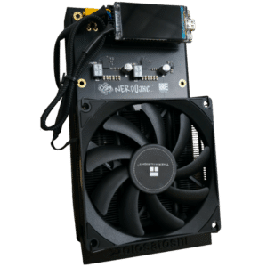 NerdQaxe++ Revision 7 quad-chip Bitcoin solo miner with Thermalright heatsink, 1.9 inch LilyGO LCD display, and Solo Satoshi 3D printed stand