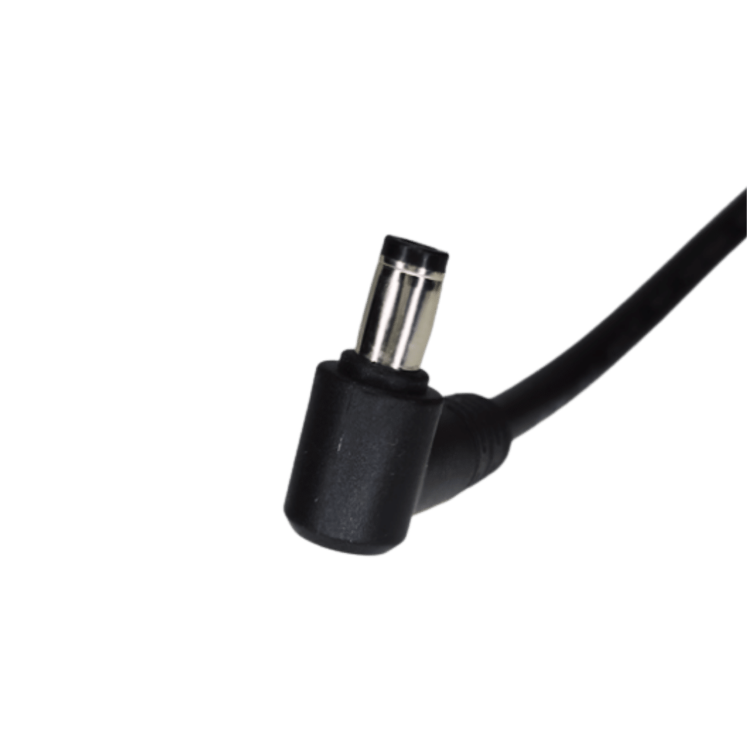 Right-angle 5.5x2.1mm DC barrel plug close-up on 12V power supply cable