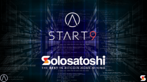 Start9 and Solo Satoshi logos with Start9 Server One shown from multiple angles on a digital code background.