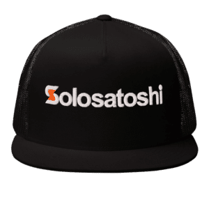 Black trucker snapback hat with white “Solosatoshi” logo embroidered on the front panel.