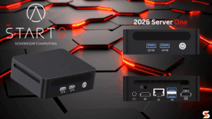 Start9 2026 Server One shown from multiple angles with ports, on a dark hexagon background with red glow.