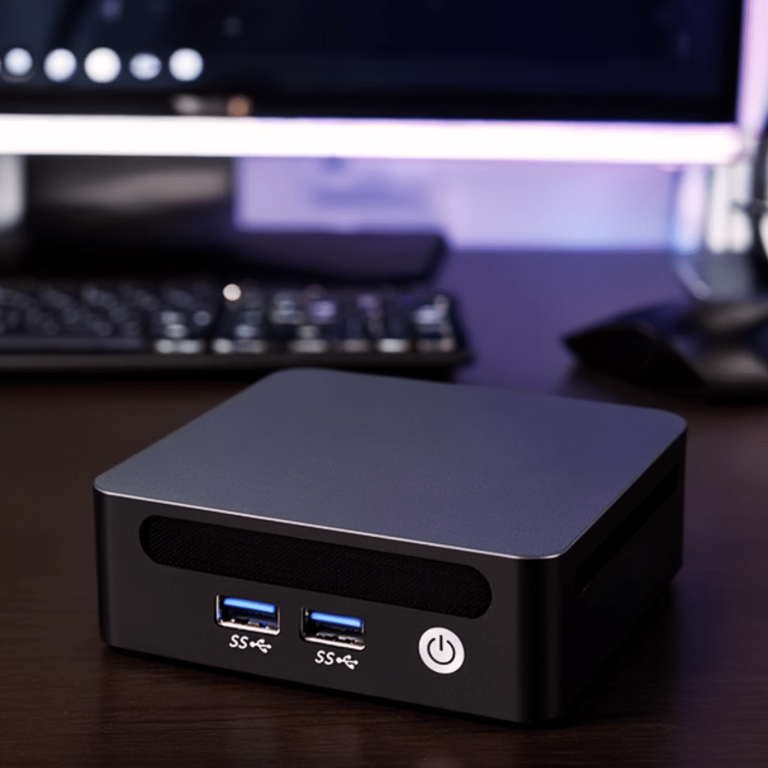 Start9 Server One 2026 home server on desk showing front USB ports and power button