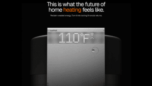 Superheat promotional graphic showing a sleek gray heating unit on a water heater tank with a dotted digital display reading “110°F” and the headline “This is what the future of home heating feels like.”