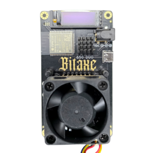 Top view of Bitaxe Duo 650 Bitcoin solo miner showing ESP32-S3 Wi-Fi module, 0.91 inch OLED display, black anodized voltage regulator heatsink, 650 DUO Bitaxe branding, USB-C port, and 40mm cooling fan