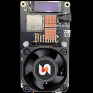 Bitaxe Gamma 602 front view with two copper MOSFET heatsinks installed on the VRM zone next to the ESP32-S3 module and above the Dark Horse heatsink fan