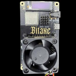 Bitaxe Gamma Duo 650 front view with copper MOSFET heatsinks installed on the VRM zone between the ESP32-S3 module and the dual-chip ASIC cooling fan