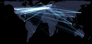 Global map showing Bitcoin Lightning Network nodes connected across continents with the highest concentration in North America and Europe.