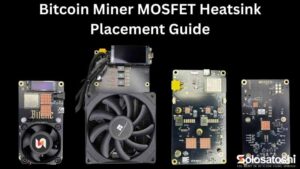 Bitcoin miner MOSFET heatsink placement guide showing copper heatsinks installed on Bitaxe Gamma 602, NerdQaxe++ Rev 6.1, Bitaxe GT 801, and Nerdaxe Gamma boards