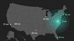 US map showing Bitcoin mining pool server latency from a US East Coast server, with ping times of 8 ms in Virginia, 12 ms in New York, 18 ms in Miami, 32 ms in Chicago, 45 ms in Dallas, 68 ms in Los Angeles, and 72 ms in Seattle