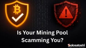 Bitcoin shield with checkmark versus cracked red warning shield representing scam mining pool detection in AxeOS v2.13.0