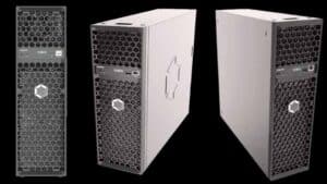 Canaan Avalon Q 90TH Bitcoin home miner shown from three angles featuring honeycomb ventilation, built-in display, USB ports, and tower PC design in silver and black