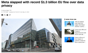 Meta headquarters building - company fined $1.3 billion by EU for transferring Facebook user data to US servers without consent, highlighting why home servers protect privacy
