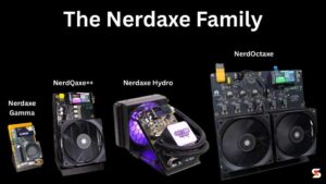 The Nerdaxe family of open-source Bitcoin miners shown side by side from smallest to largest: Nerdaxe Gamma single-chip miner, NerdQaxe++ quad-chip miner, Nerdaxe Hydro liquid-cooled miner, and NerdOctaxe eight-chip miner with dual Thermalright fans