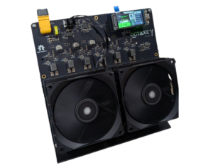 NerdOctaxe Gamma Bitcoin solo miner on metal stand showing dual Thermalright AXP90 coolers, black PCB with 8x BM1370 ASIC chips, XT30 power connector, and 1.9-inch LilyGo LCD screen