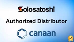 Solo Satoshi authorized distributor badge for Canaan Avalon home Bitcoin miners featuring both company logos and verification seal