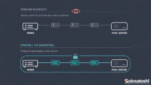 Infographic comparing plaintext stratum and TLS encrypted stratum connections between a Bitcoin miner and a solo mining pool server, showing how TLS encryption protects Bitcoin address, worker ID, and share data from network observers