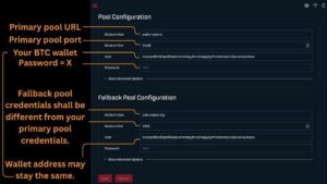 Annotated screenshot of the AxeOS Pool Configuration page showing the Primary Pool Configuration fields and Fallback Pool Configuration fields, with callouts explaining each field and noting that fallback pool credentials should differ from the primary pool.