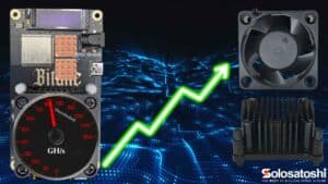 Bitaxe overclocking guide cover image showing a Bitaxe Gamma 602 with copper heatsink, OEM 40mm fan, Dark Horse pin-fin heatsink, and GH/s performance gauge by Solo Satoshi
