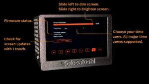 Annotated photo of a Bitaxe Turbo Touch Bitcoin miner displaying the lower portion of the Settings screen, showing the Screen Brightness slider, Time Zone dropdown, and Firmware Update section with a Check for Updates button.