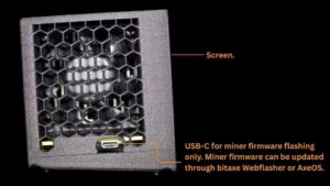 Side view of the Bitaxe Turbo Touch Bitcoin miner showing the hexagonal fan grill, screen connector, and USB-C port with a callout noting the USB-C is for miner firmware flashing only and can be updated through Bitaxe Webflasher or AxeOS.