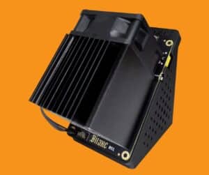Bitaxe GT 801 Gamma Turbo dual-chip Bitcoin solo miner on black Solo Satoshi vented stand showing large anodized aluminum finned heatsink, 60mm fan shroud, XT30 power connector, and Bitaxe 801 PCB branding