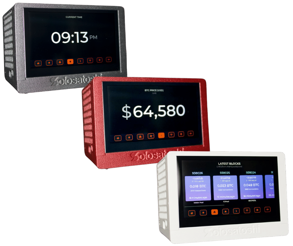 Bitaxe Touch Turbo Edition available in three enclosure colors: black with digital clock screen, red with live BTC price ticker, and white with latest blocks display from mempool.space