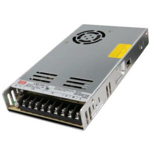 Mean Well LRS-350-12 12V 29A enclosed switching power supply front angle view showing screw terminal block, label, and green LED indicator