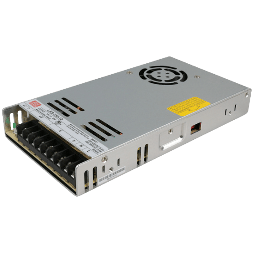 Mean Well LRS-350-12 12V 29A enclosed switching power supply top angle view showing built-in cooling fan and ventilation slots