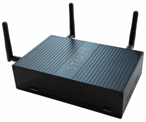 Start9 RISC-V Router front angle showing Start9 branding on ridged aluminum enclosure, four external Wi-Fi 6 antennas, Micro SD card slot, and PD 12V 3A USB-C power input