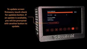 Annotated screenshot of the Update screen showing on the Bitaxe Turbo Touch with notes on how to update the screen firmware from the screen of the miner.