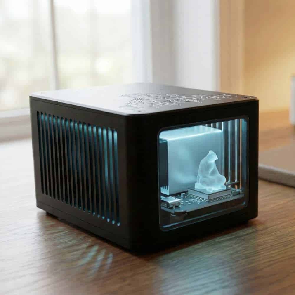 BitForge Nano Ghost Edition Bitcoin miner on wooden desk with cyan internal lighting in a home office setting