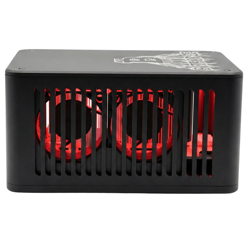 BitForge Nano Ghost Edition side view showing dual cooling fans behind vented aluminum panel with red internal LED glow