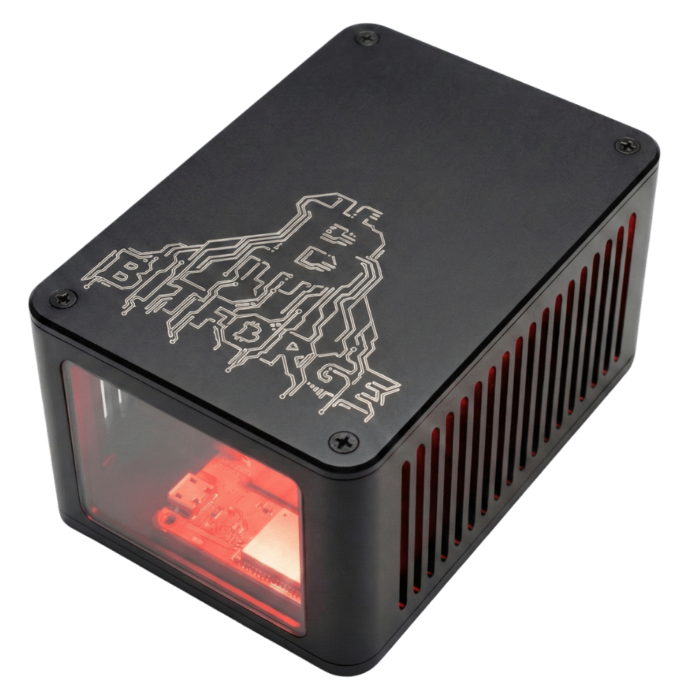 BitForge Nano Ghost Edition top panel detail with engraved BitForge circuit logo on CNC aluminum case