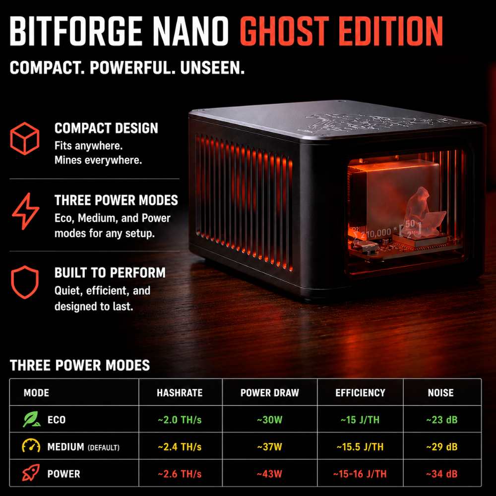 BitForge Nano Ghost Edition specifications infographic showing three performance modes Eco 2.0 TH/s Medium 2.4 TH/s and Power 2.6 TH/s with hashrate, power draw, efficiency, and noise levels