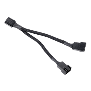 4-pin PWM fan splitter cable 1-to-2 converter in Y configuration with black braided sleeve, 4-pin female input and dual fan outputs