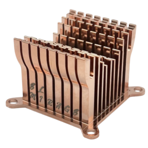 El Mirage Bitaxe heatsink upgrade three-quarter view showing copper-plated fins, El Mirage engraving, and four-point M3 mounting tabs