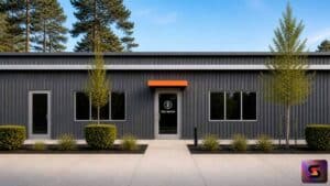 Solo Satoshi storefront in Conroe, Texas, the first physical Bitcoin hardware store in the state, featuring a clean modern black metal building with a Bitcoin-orange awning over the entry