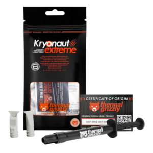 Thermal Grizzly Kryonaut Extreme 2g retail pouch with syringe, two precision spreaders, and certificate of origin