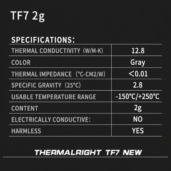 Thermalright TF7 2g thermal paste specifications chart showing 12.8 W/m·K conductivity, gray color, non-conductive, and -150 to 250 Celsius operating range