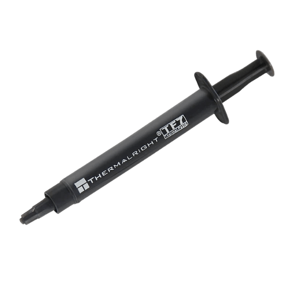 Thermalright TF7 thermal paste 2g syringe angled product shot showing branded black tube with applicator tip