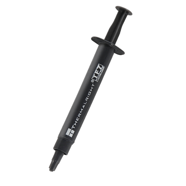 Thermalright TF7 thermal paste 2g tube vertical front view with plunger up and applicator tip down
